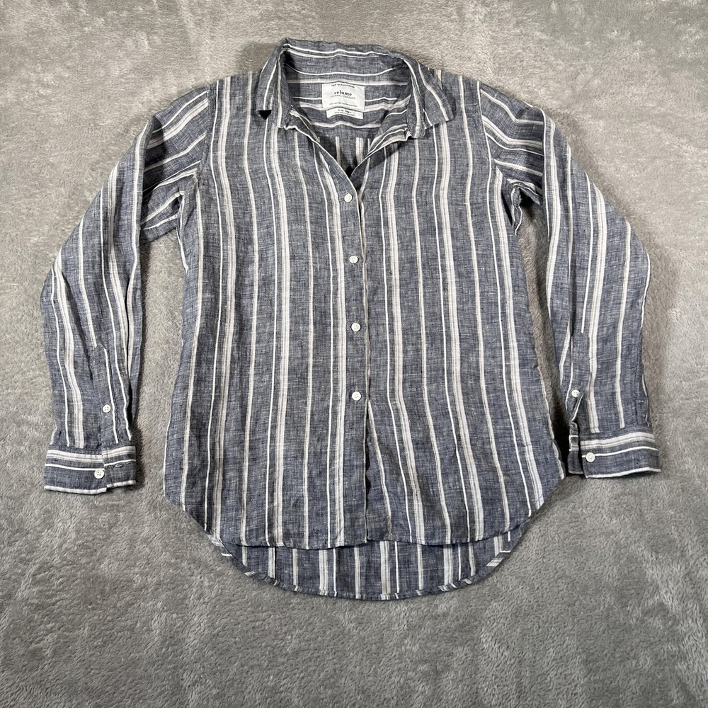 Relume Journal Standard Linen Shirt Womens Small Blue Striped Button Down Summer